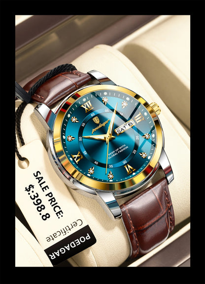 POEDAGAR Luxury Man Wristwatch Waterproof Luminous Date Week Leather Watch