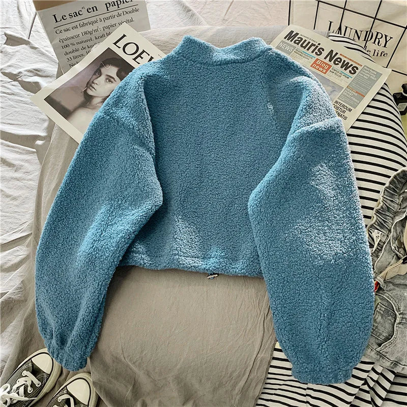 Women Stand Neck Fleece Cropped Hoodies Autumn Letter Embroidery Long Sleeve