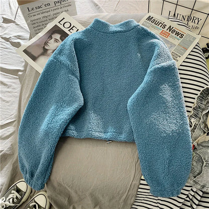 Women Stand Neck Fleece Cropped Hoodies Autumn Letter Embroidery Long Sleeve