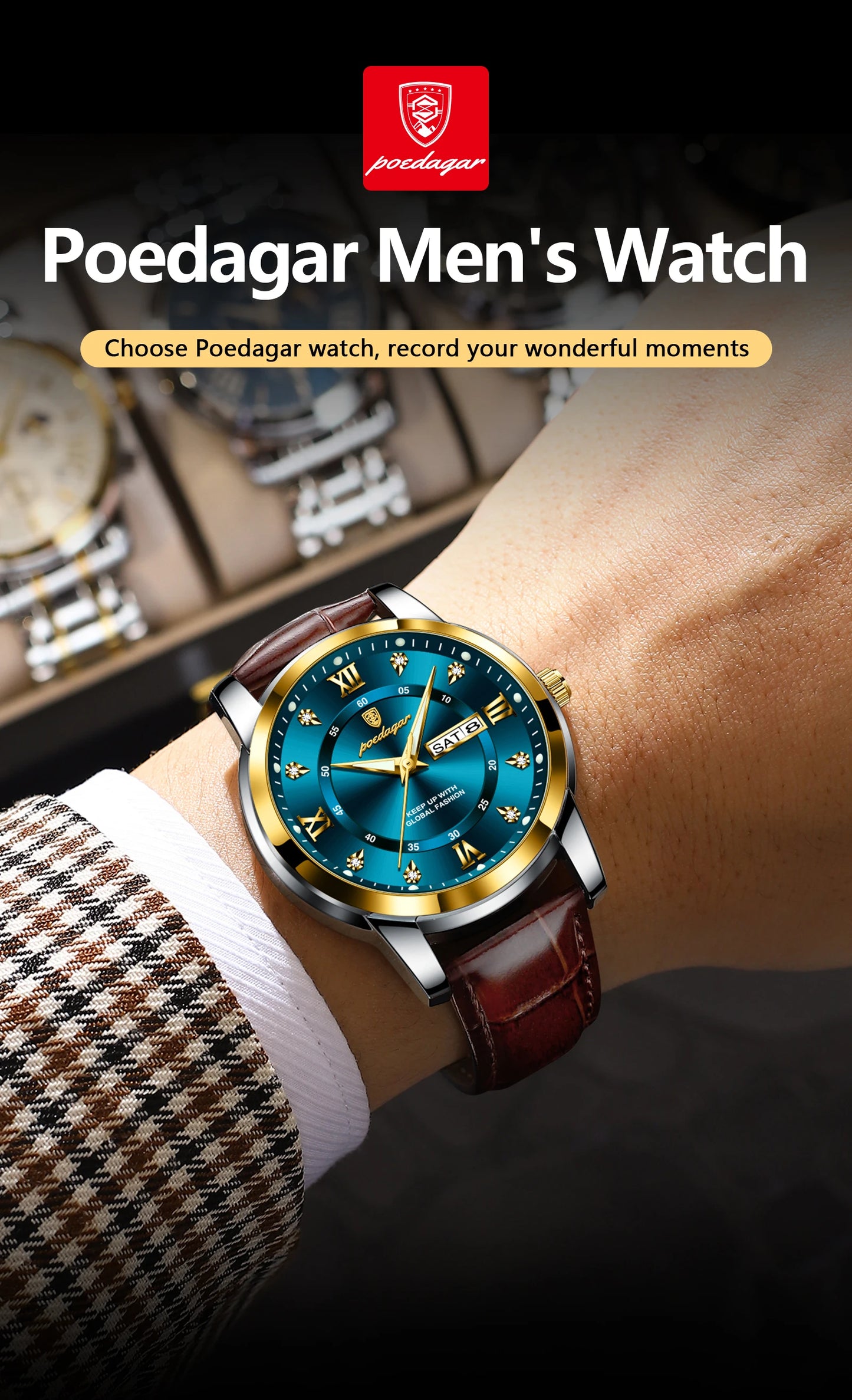 POEDAGAR Luxury Man Wristwatch Waterproof Luminous Date Week Leather Watch