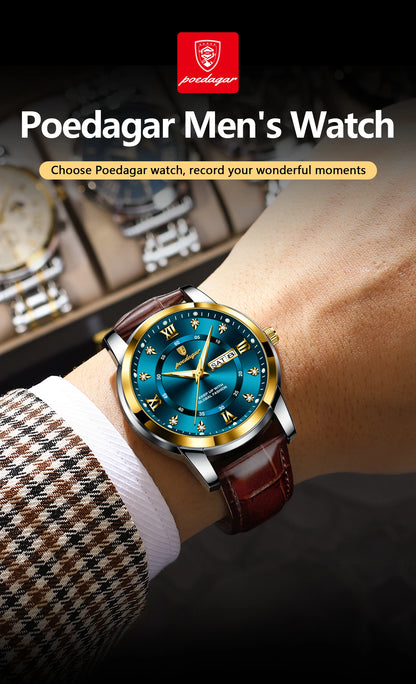 POEDAGAR Luxury Man Wristwatch Waterproof Luminous Date Week Leather Watch