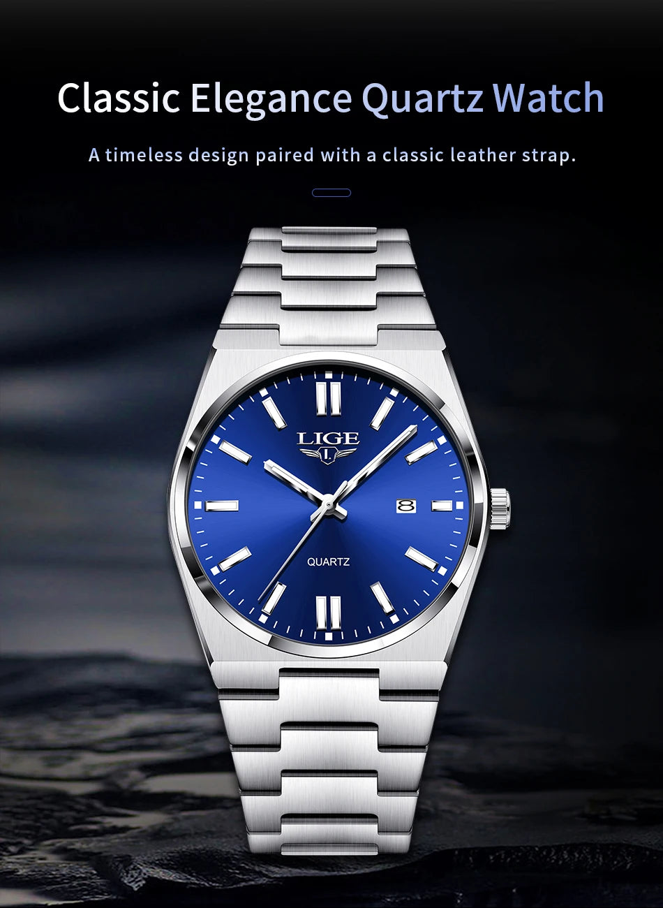 LIGE Business Men Watches Luxury New Top Waterproof Stainless Steel Quartz Wrist