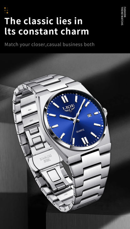 LIGE Business Men Watches Luxury New Top Waterproof Stainless Steel Quartz Wrist