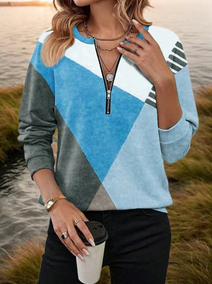 Women Zipper Color Patchwork Shirts Block Loose V Neck Long Sleeved Blouses