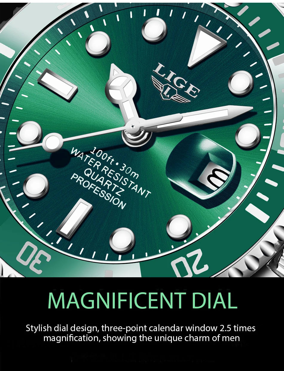 LIGE Top Brand Luxury Fashion Diver Watch Men 30ATM Waterproof Date Clock
