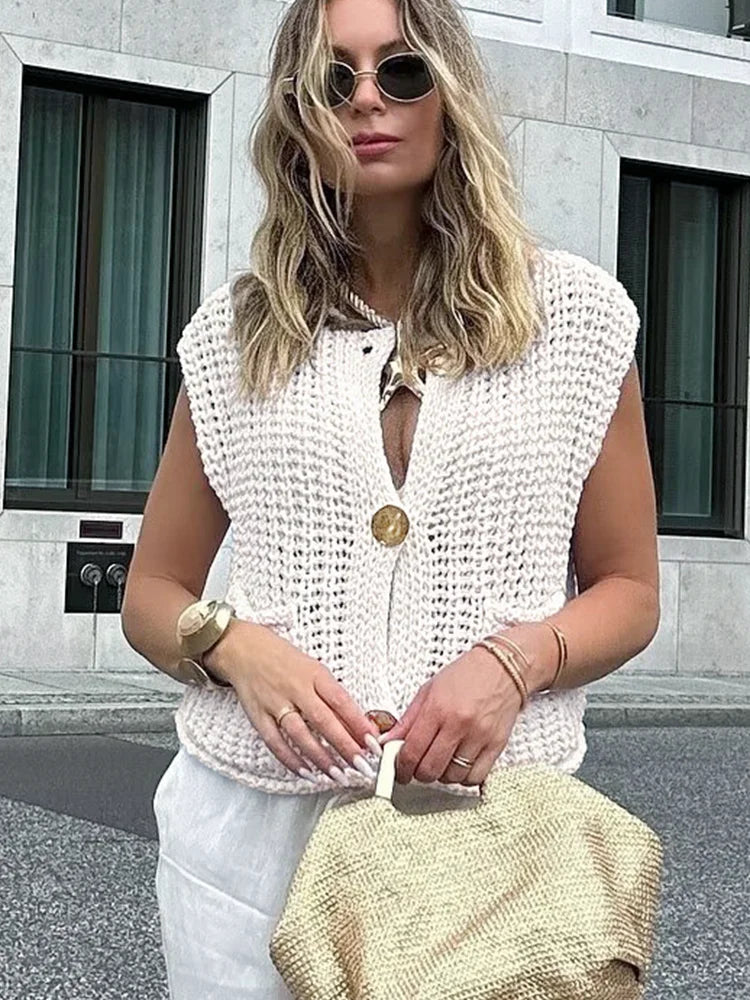 Sleeveless Knitted Vest Chic Clothes Solid Color Casual Women'S Tank Top Women