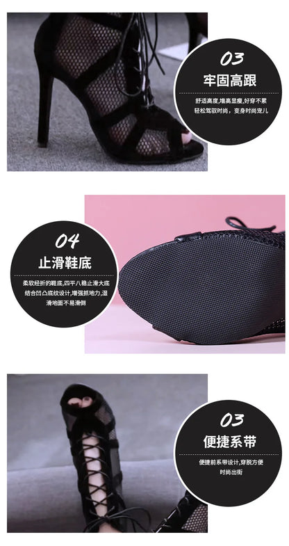 Sexy High Heels Hollow Mesh Sandals Women Summer Cross-tied Peep Toe Heeled