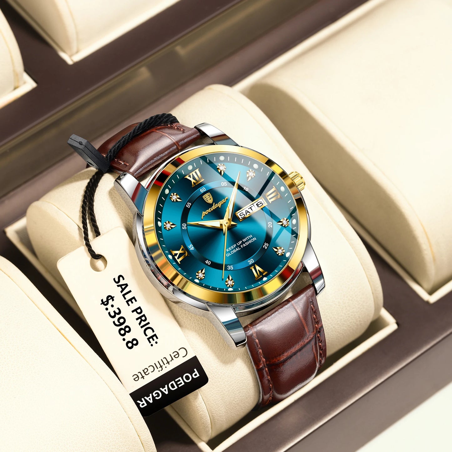 POEDAGAR Luxury Man Wristwatch Waterproof Luminous Date Week Leather Watch