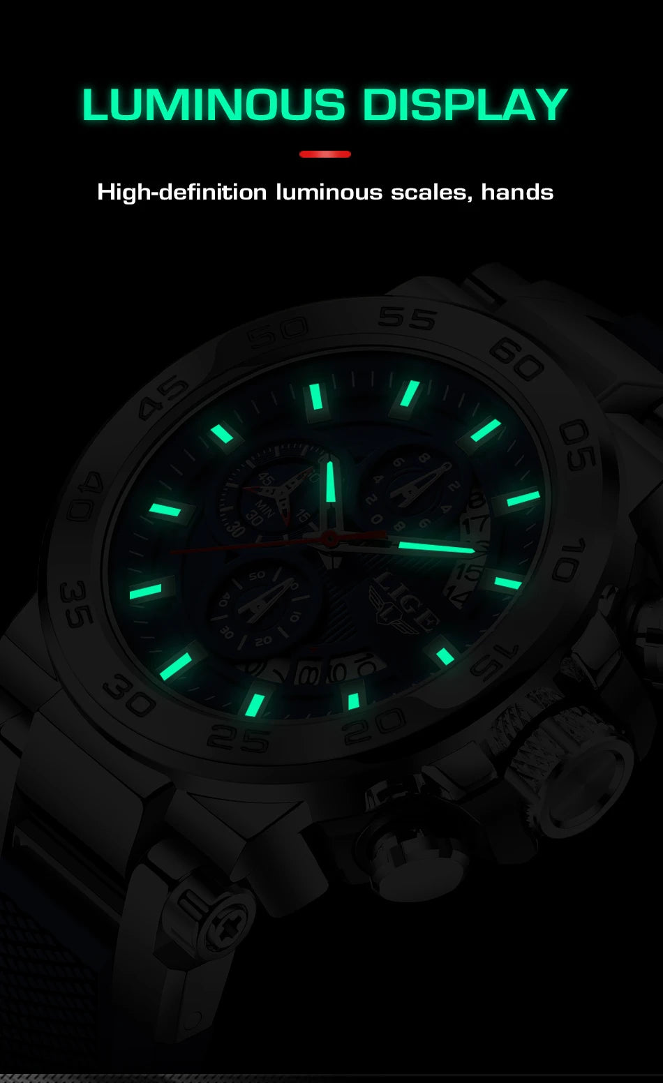 LIGE Sports Man Wristwatch Waterproof Luminous Date Quartz Men Watch Big Dial