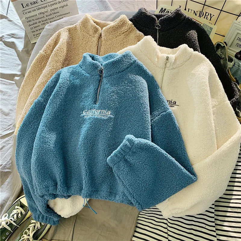 Women Stand Neck Fleece Cropped Hoodies Autumn Letter Embroidery Long Sleeve