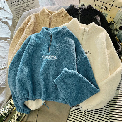 Women Stand Neck Fleece Cropped Hoodies Autumn Letter Embroidery Long Sleeve