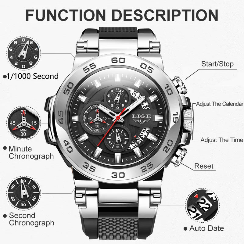 LIGE Sports Man Wristwatch Waterproof Luminous Date Quartz Men Watch Big Dial