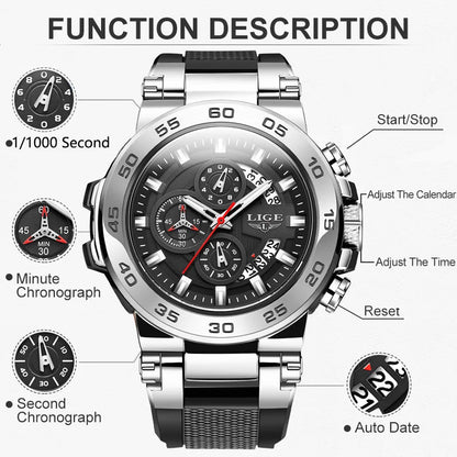 LIGE Sports Man Wristwatch Waterproof Luminous Date Quartz Men Watch Big Dial