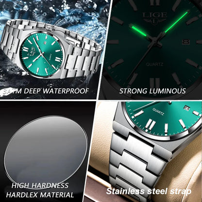 LIGE Business Men Watches Luxury New Top Waterproof Stainless Steel Quartz Wrist