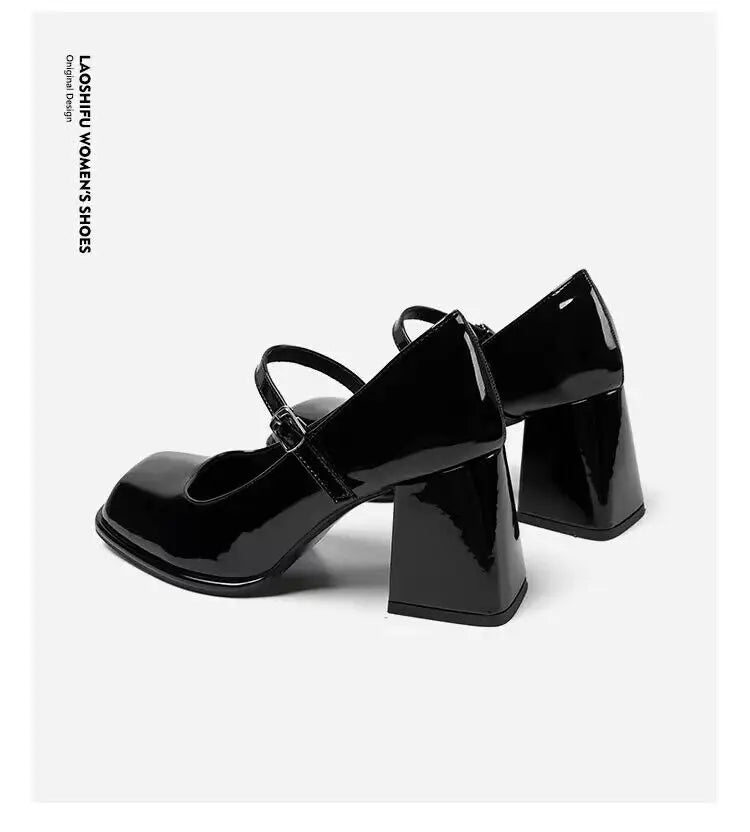 Mary Janes Vintage Black Sandals Woman Buckle Non-Slip Casual Medium Heels