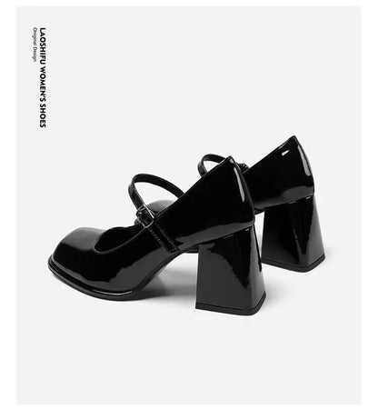 Mary Janes Vintage Black Sandals Woman Buckle Non-Slip Casual Medium Heels