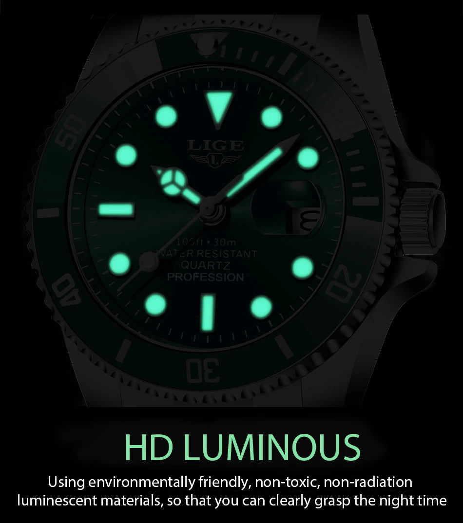 LIGE Top Brand Luxury Fashion Diver Watch Men 30ATM Waterproof Date Clock
