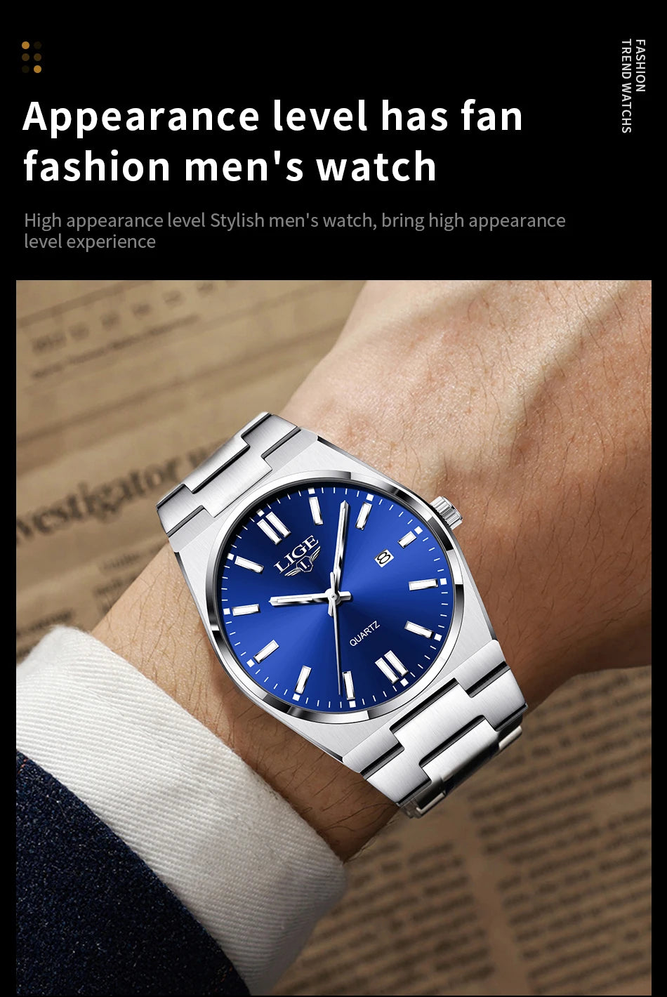 LIGE Business Men Watches Luxury New Top Waterproof Stainless Steel Quartz Wrist