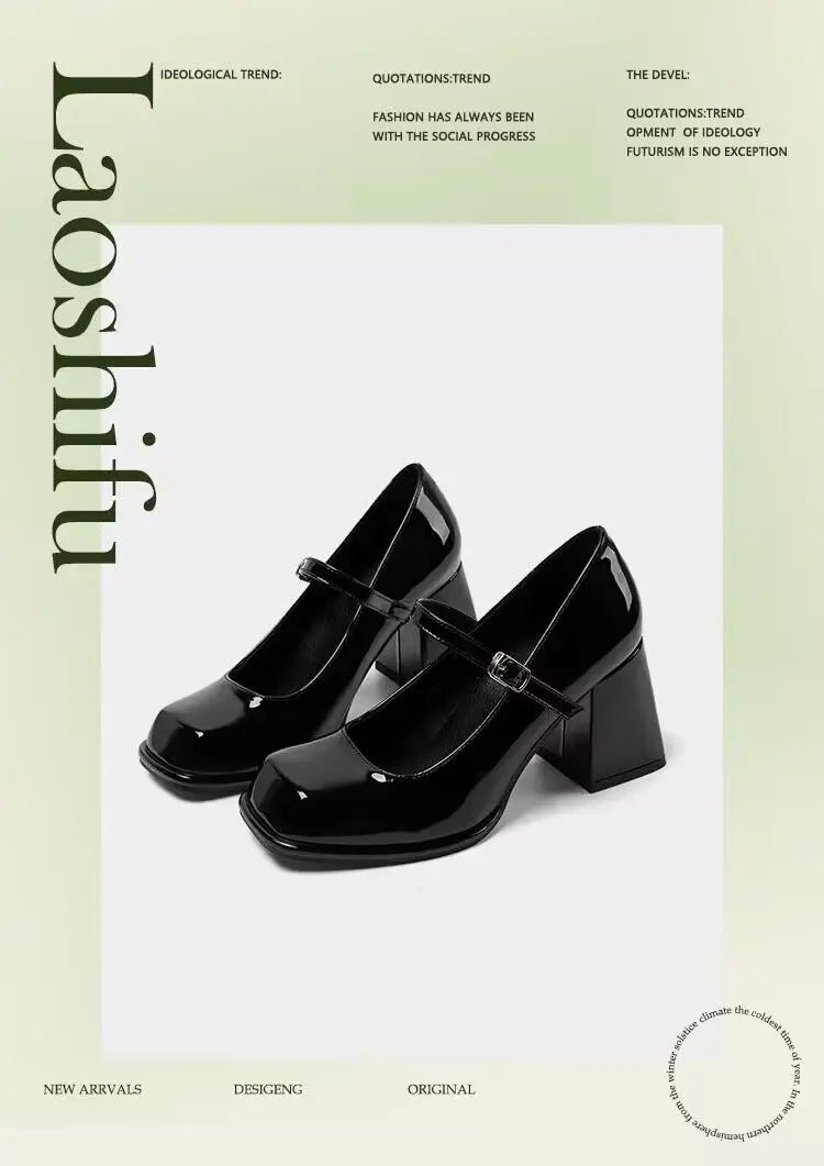 Mary Janes Vintage Black Sandals Woman Buckle Non-Slip Casual Medium Heels