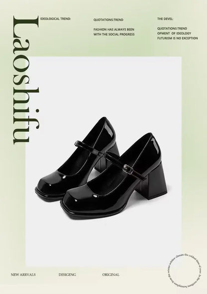 Mary Janes Vintage Black Sandals Woman Buckle Non-Slip Casual Medium Heels