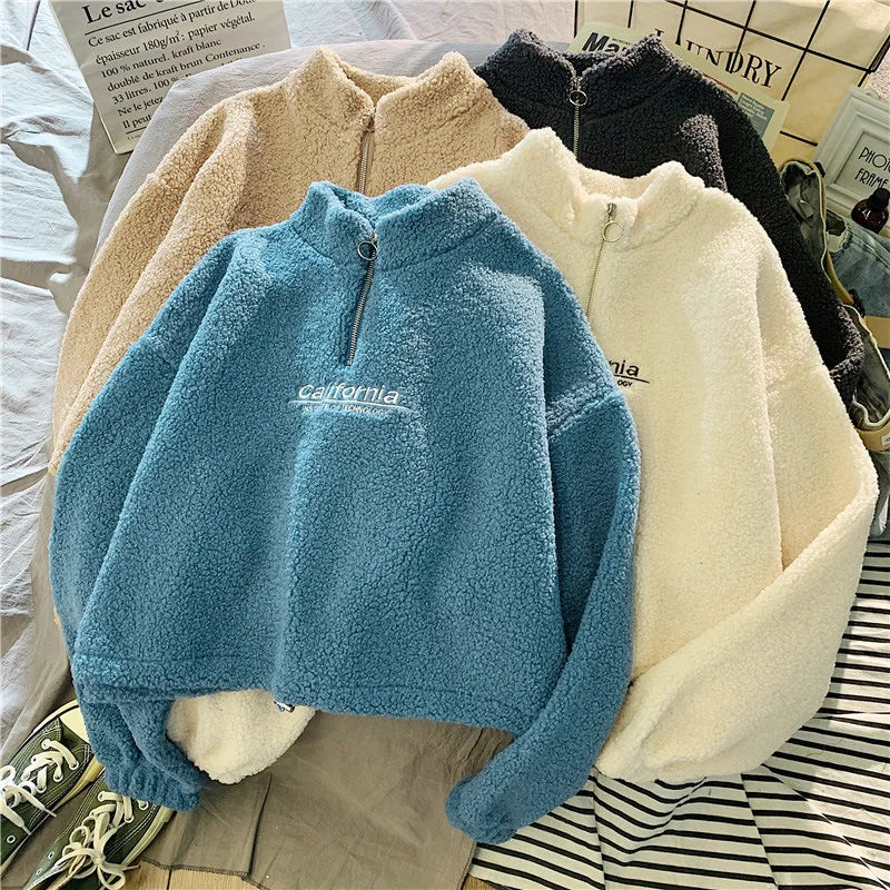 Women Stand Neck Fleece Cropped Hoodies Autumn Letter Embroidery Long Sleeve