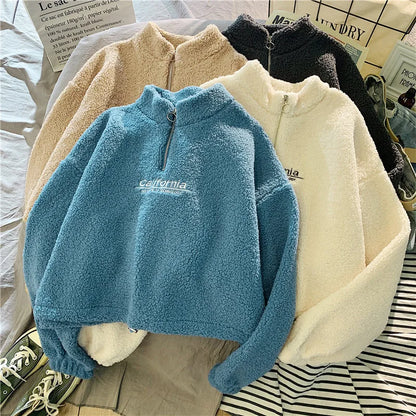 Women Stand Neck Fleece Cropped Hoodies Autumn Letter Embroidery Long Sleeve