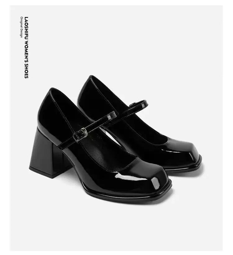 Mary Janes Vintage Black Sandals Woman Buckle Non-Slip Casual Medium Heels