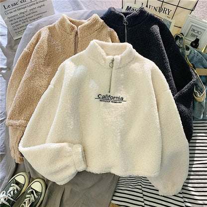 Women Stand Neck Fleece Cropped Hoodies Autumn Letter Embroidery Long Sleeve