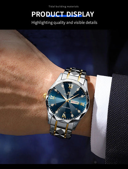Men Watch Water Diamond Luxury Night Glow Double Calendar Quartz Movement 41mm