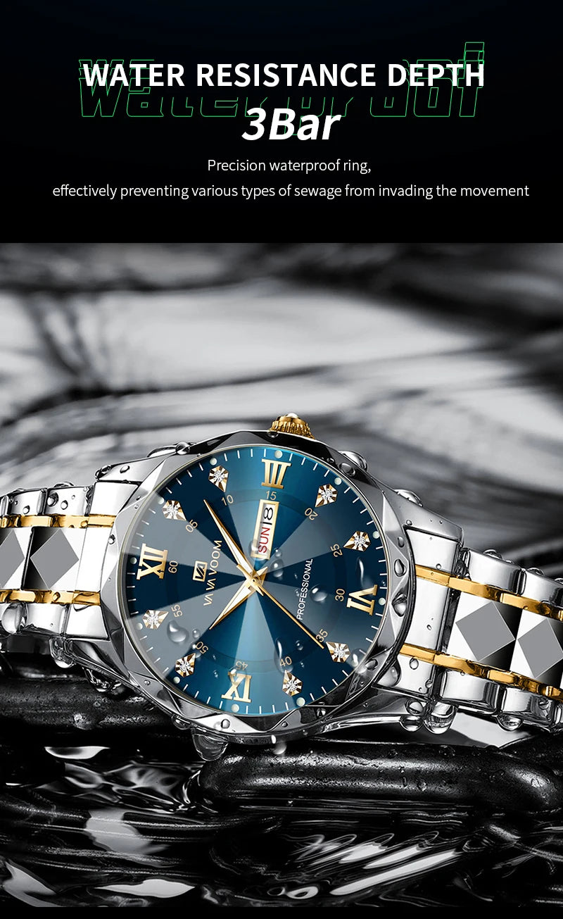 Men Watch Water Diamond Luxury Night Glow Double Calendar Quartz Movement 41mm