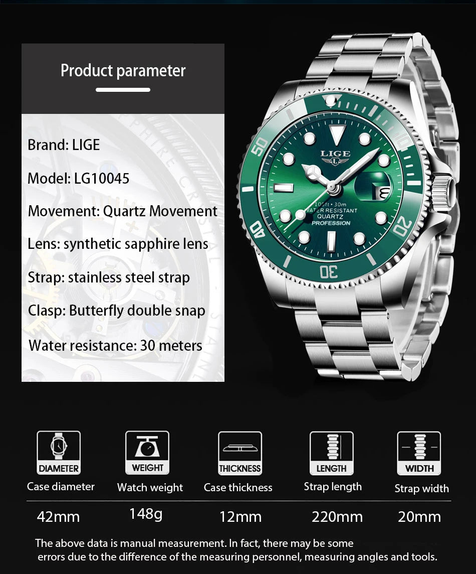 LIGE Top Brand Luxury Fashion Diver Watch Men 30ATM Waterproof Date Clock