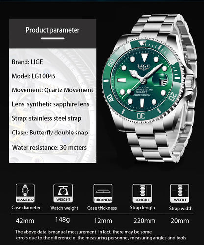 LIGE Top Brand Luxury Fashion Diver Watch Men 30ATM Waterproof Date Clock
