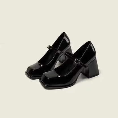 Mary Janes Vintage Black Sandals Woman Buckle Non-Slip Casual Medium Heels