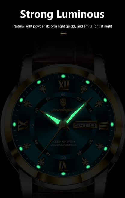 POEDAGAR Luxury Man Wristwatch Waterproof Luminous Date Week Leather Watch