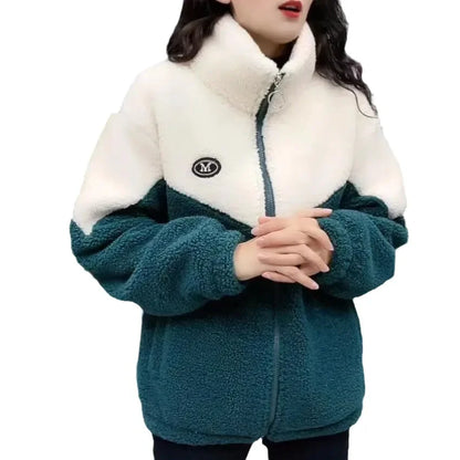 Women Jacket Colored Thickened Lamb Fleece Long Sleeve Mid Length Overcoat Warm