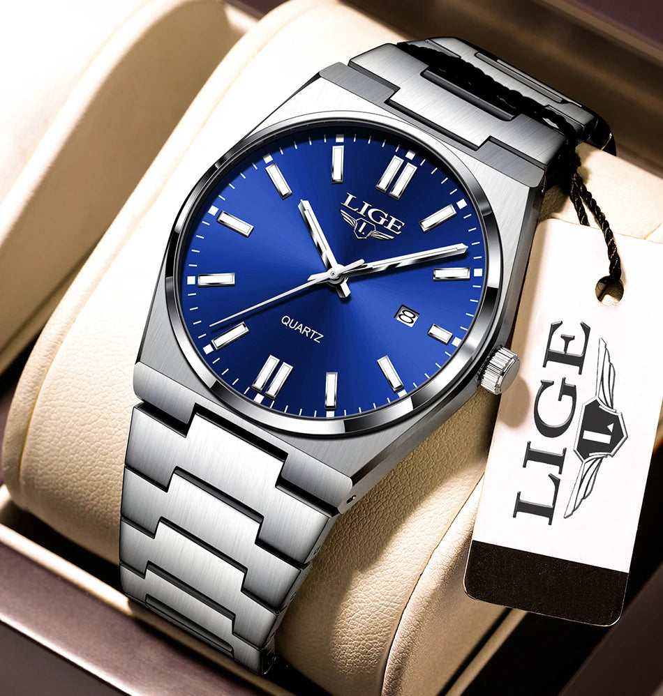 LIGE Business Men Watches Luxury New Top Waterproof Stainless Steel Quartz Wrist