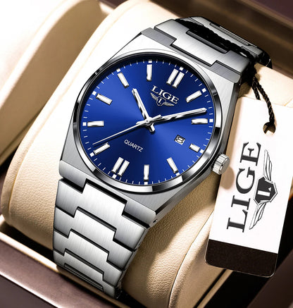 LIGE Business Men Watches Luxury New Top Waterproof Stainless Steel Quartz Wrist