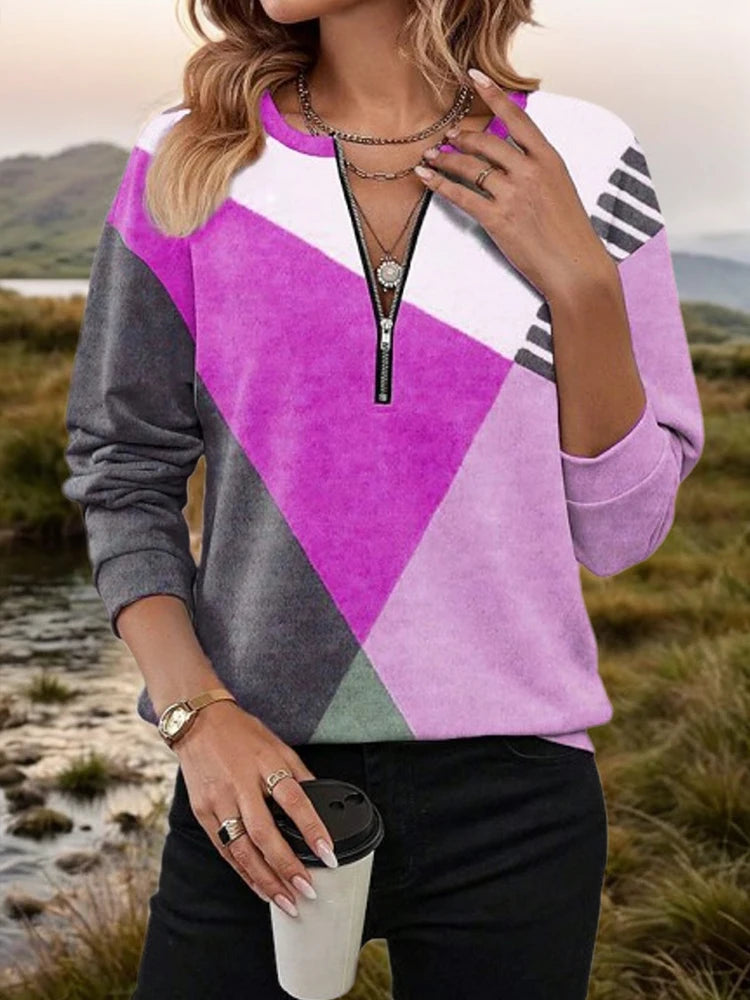 Women Zipper Color Patchwork Shirts Block Loose V Neck Long Sleeved Blouses