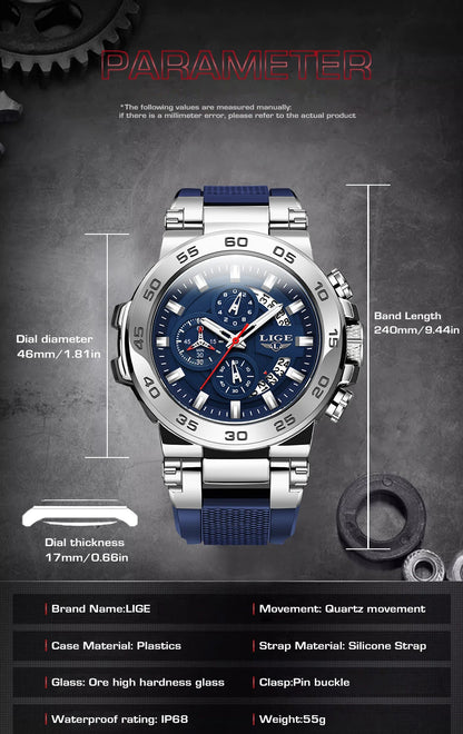 LIGE Sports Man Wristwatch Waterproof Luminous Date Quartz Men Watch Big Dial