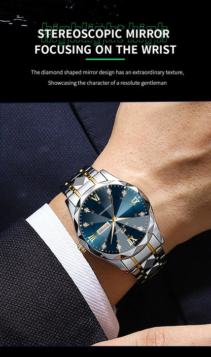 Men Watch Water Diamond Luxury Night Glow Double Calendar Quartz Movement 41mm