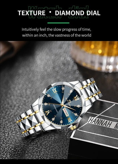 Men Watch Water Diamond Luxury Night Glow Double Calendar Quartz Movement 41mm
