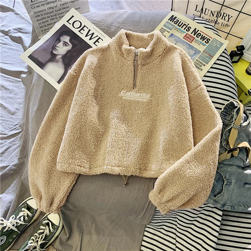 Women Stand Neck Fleece Cropped Hoodies Autumn Letter Embroidery Long Sleeve