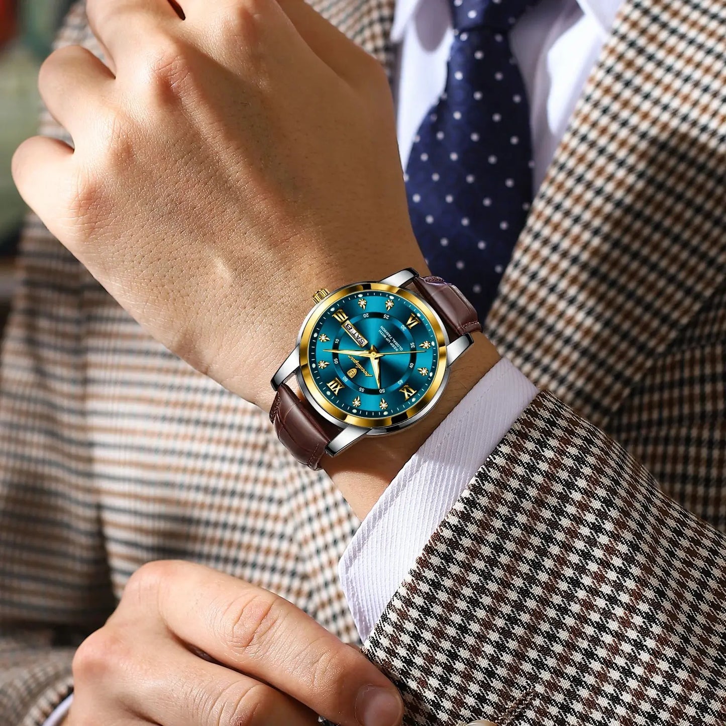 POEDAGAR Luxury Man Wristwatch Waterproof Luminous Date Week Leather Watch