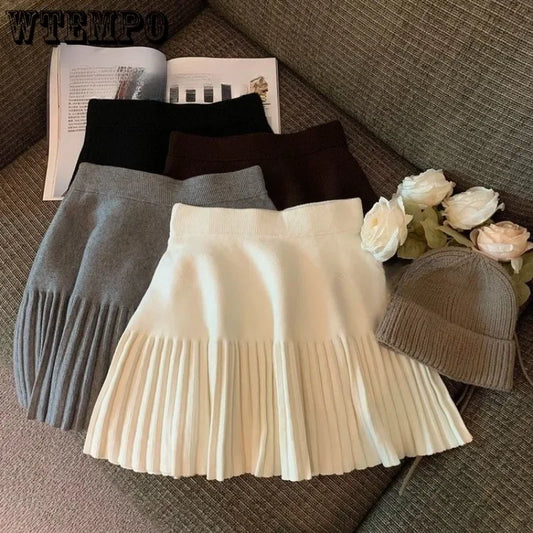 Pleated Skirt Women's Winter High-waisted A-line Skirt Knitted Skirt Preppy