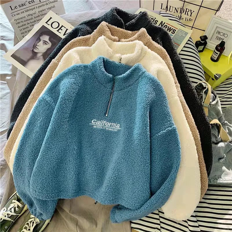 Women Stand Neck Fleece Cropped Hoodies Autumn Letter Embroidery Long Sleeve