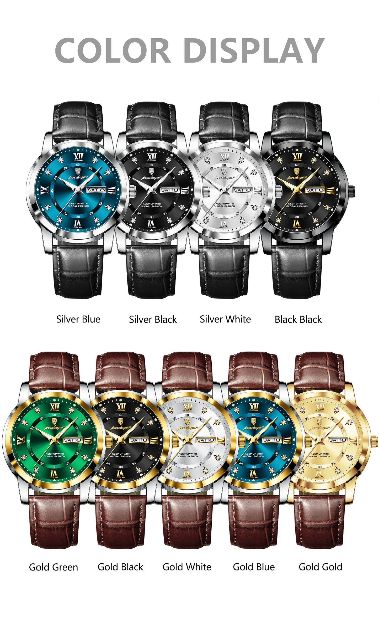 POEDAGAR Luxury Man Wristwatch Waterproof Luminous Date Week Leather Watch