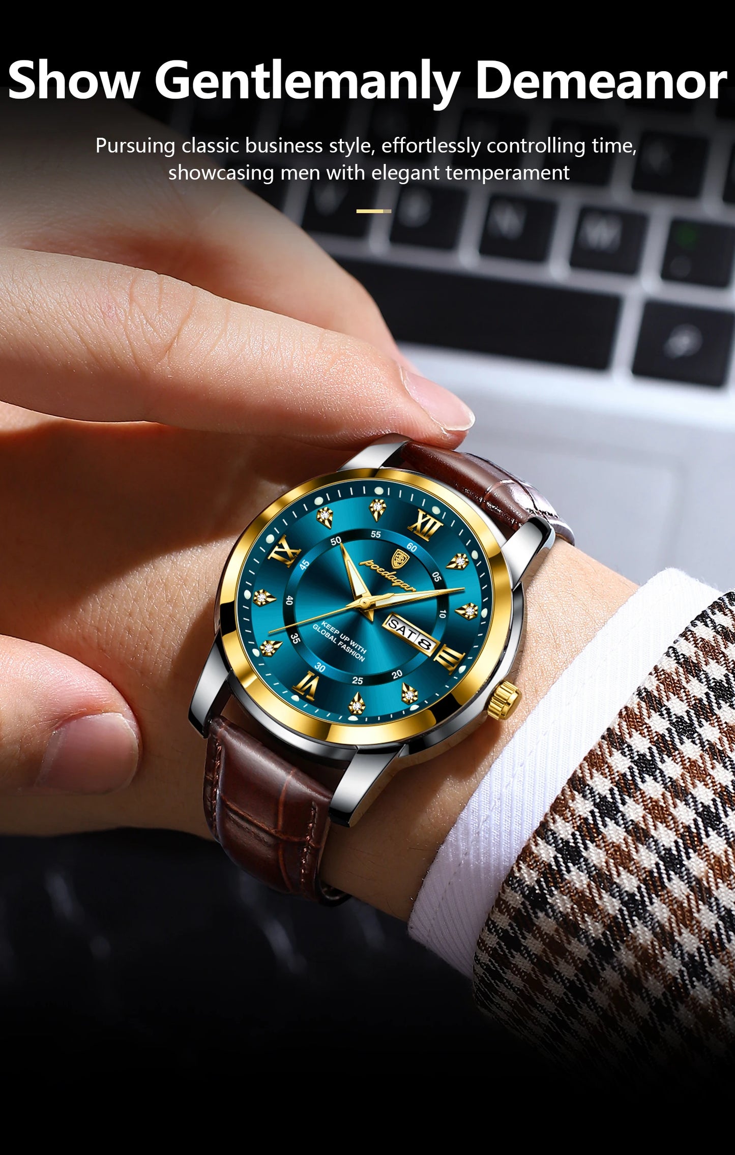 POEDAGAR Luxury Man Wristwatch Waterproof Luminous Date Week Leather Watch