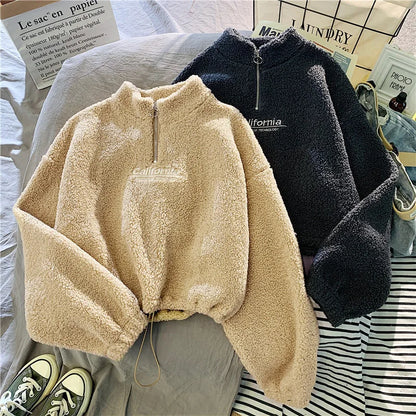 Women Stand Neck Fleece Cropped Hoodies Autumn Letter Embroidery Long Sleeve