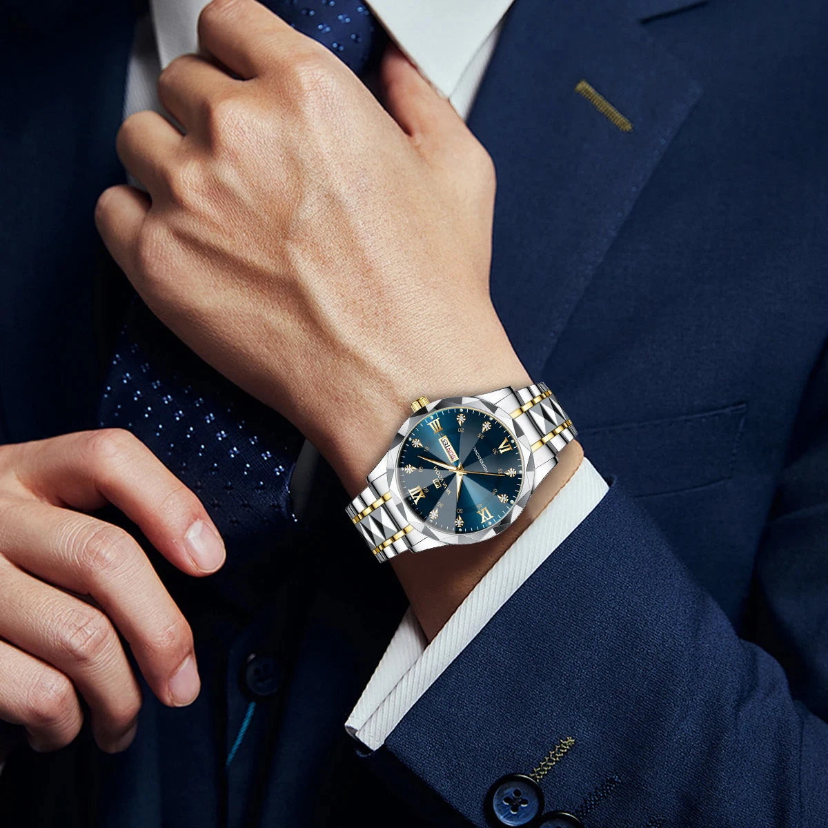 Men Watch Water Diamond Luxury Night Glow Double Calendar Quartz Movement 41mm