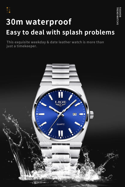 LIGE Business Men Watches Luxury New Top Waterproof Stainless Steel Quartz Wrist